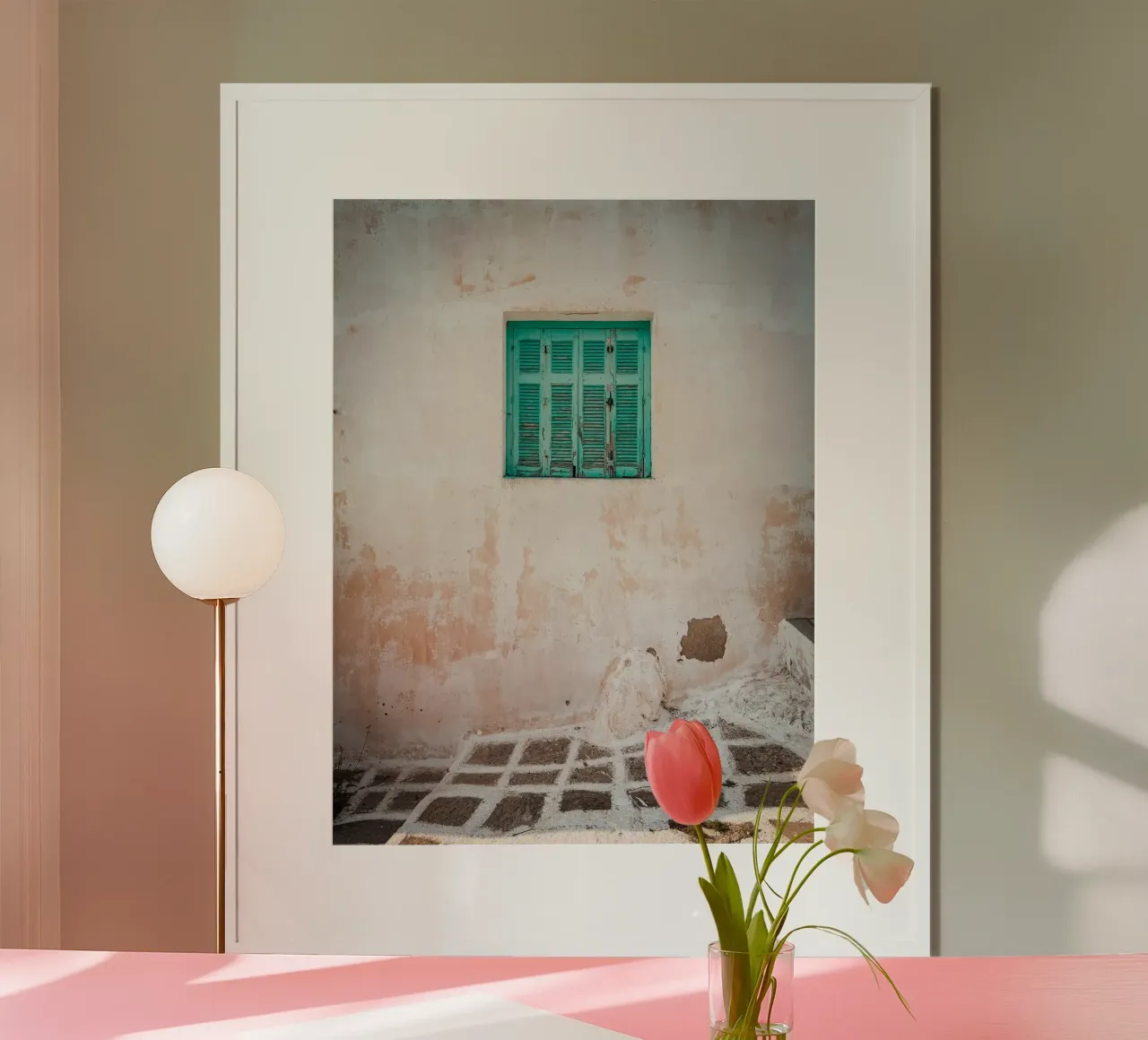 Greek Green Window Poster mit Kunststoffrahmen von Thilo Grøsch