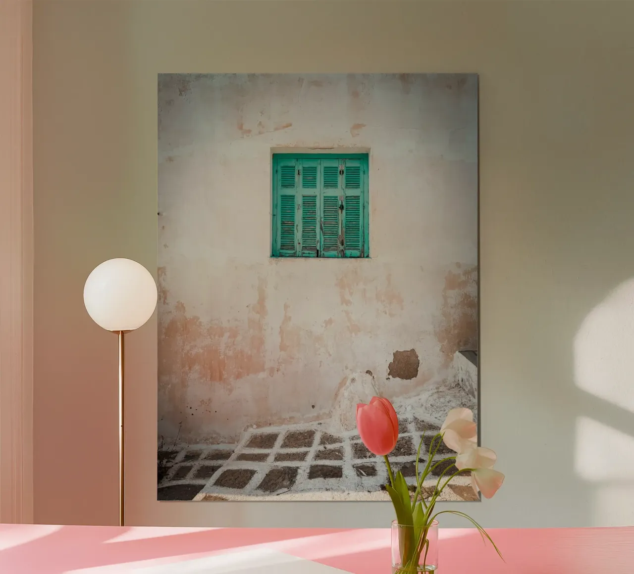Greek Green Window Poster mit Kunststoffrahmen von Thilo Grøsch