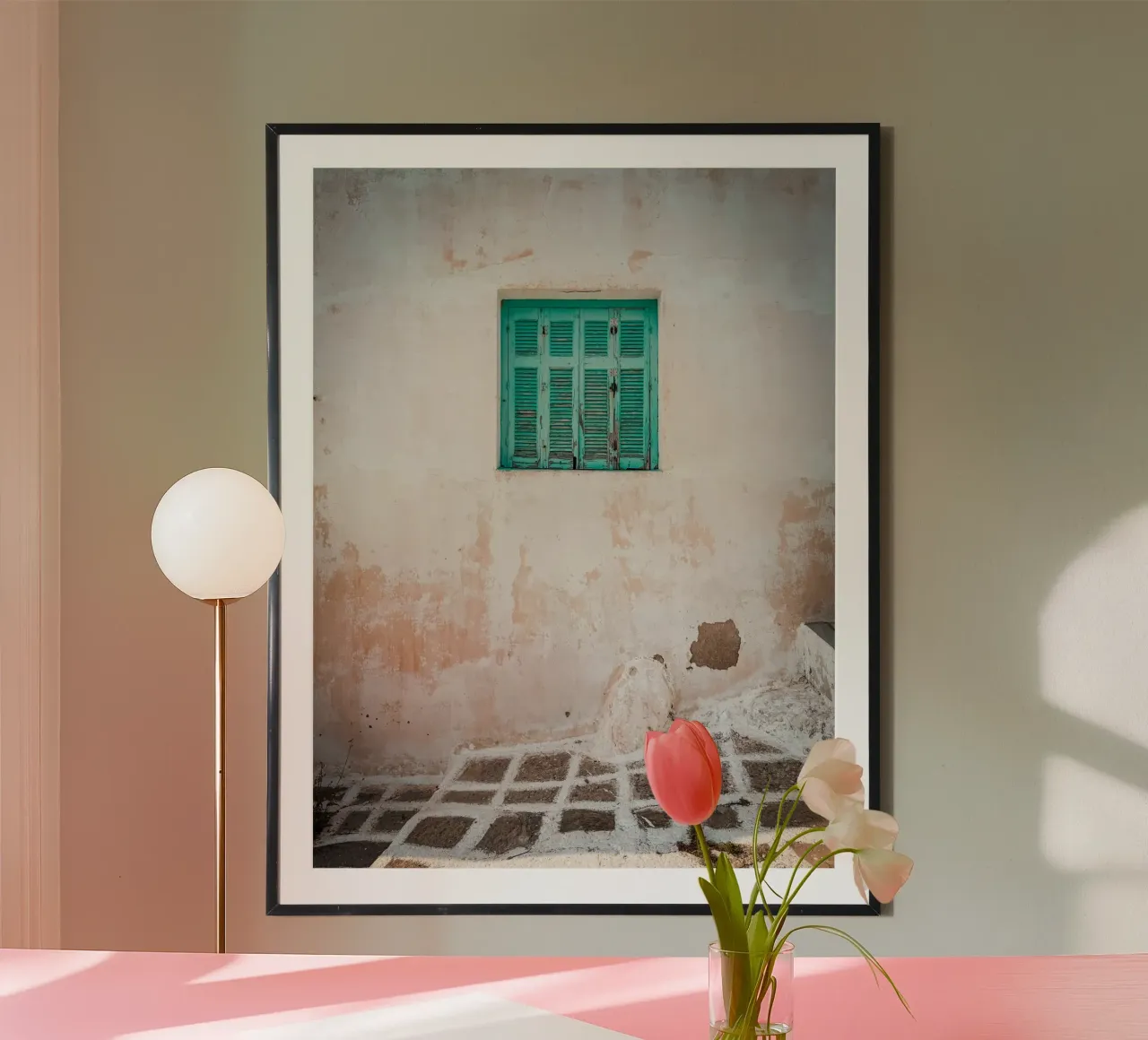 Greek Green Window Poster mit Kunststoffrahmen von Thilo Grøsch