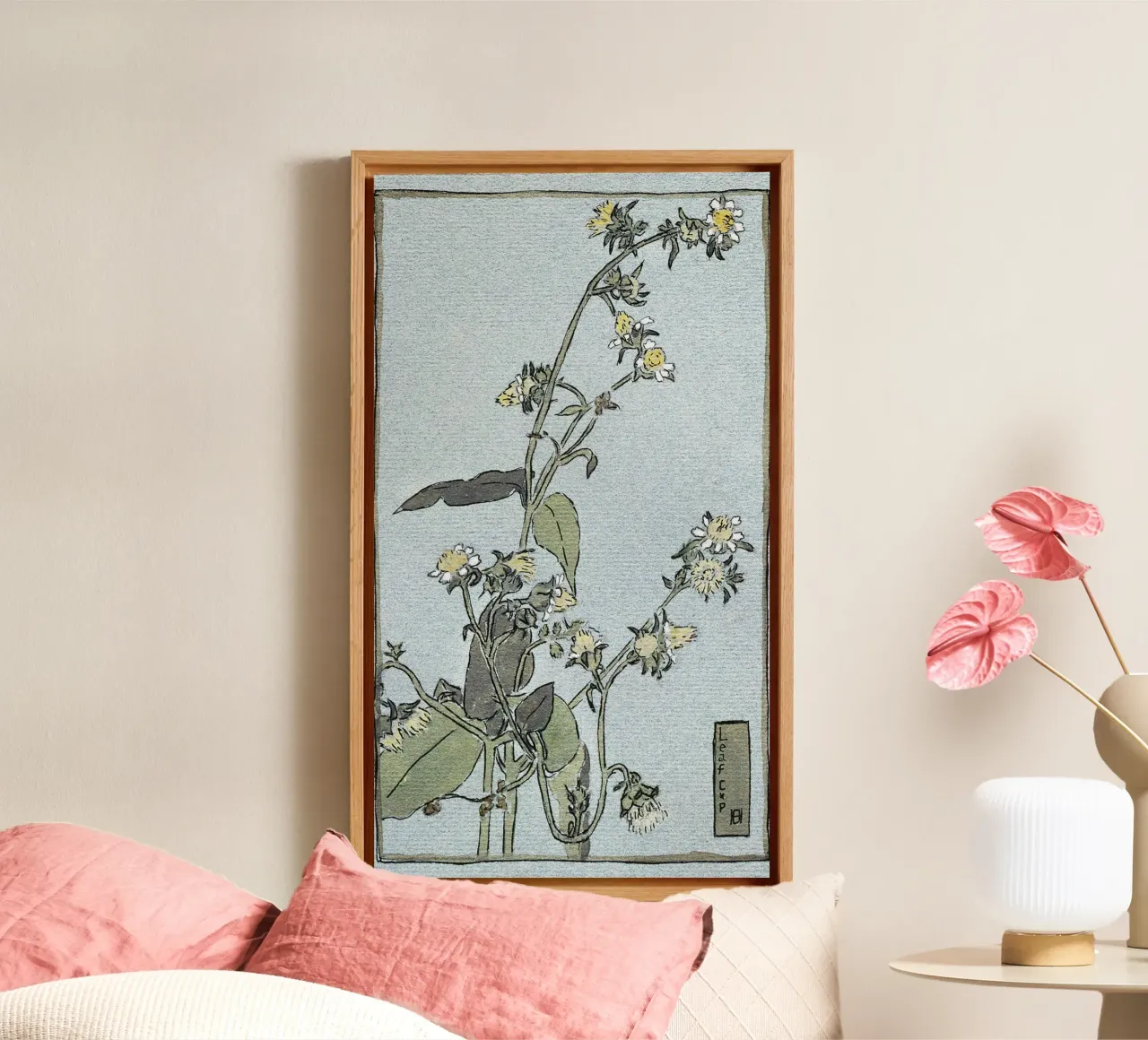 Hannah Overbeck: Leaf Cup - Arts & Crafts Botanical (1915) canvas with Floater frame by ClubArt