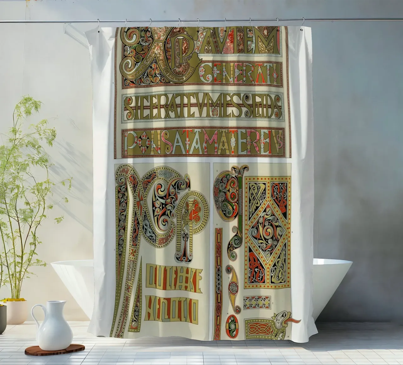 Albert Racine: Medieval Illumination - Celtic Knot Pattern shower curtain by ClubArt