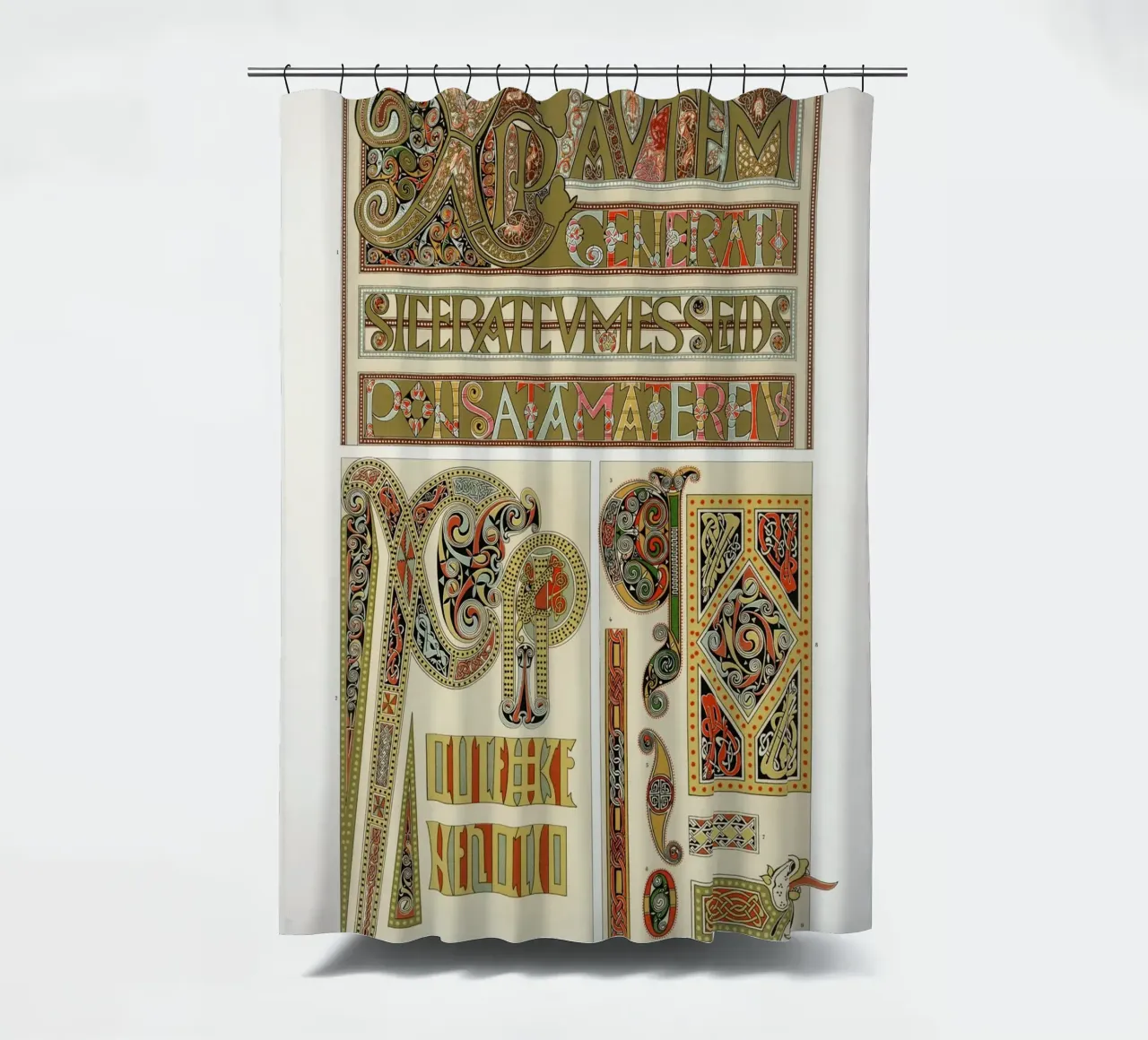 Albert Racine: Medieval Illumination - Celtic Knot Pattern shower curtain by ClubArt