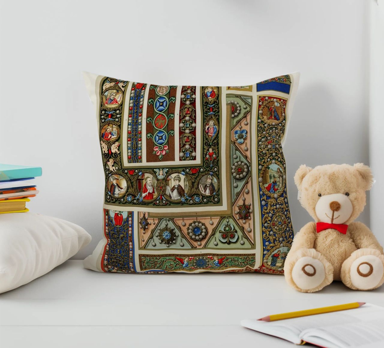 Albert Racine: Medieval Ornaments - Illuminated Manuscript A decorative cushion by ClubArt