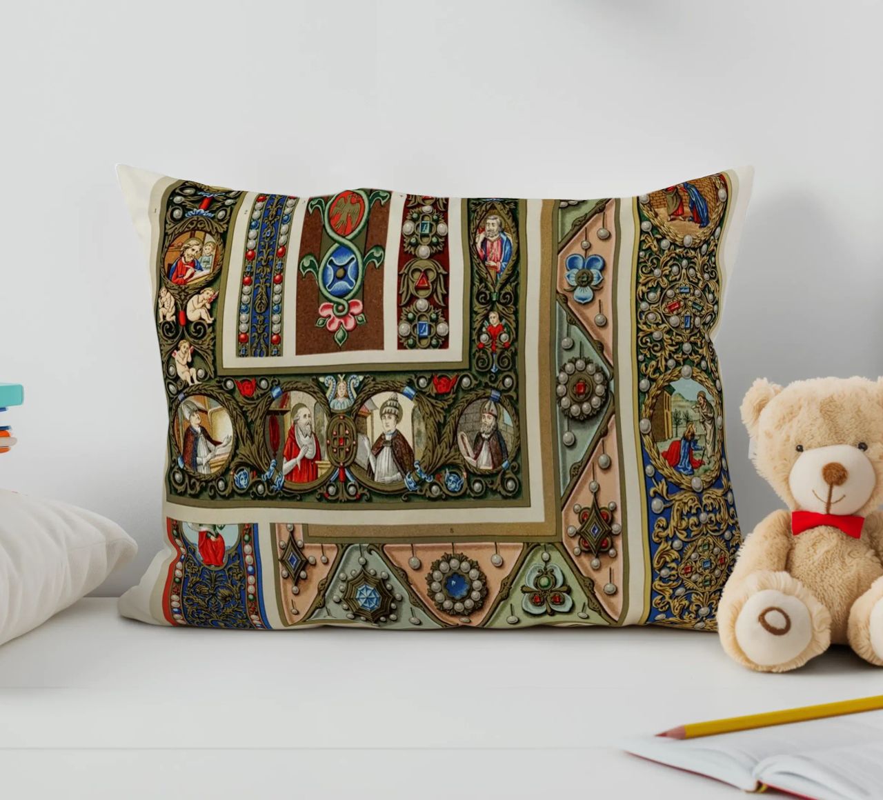 Albert Racine: Medieval Ornaments - Illuminated Manuscript A decorative cushion by ClubArt