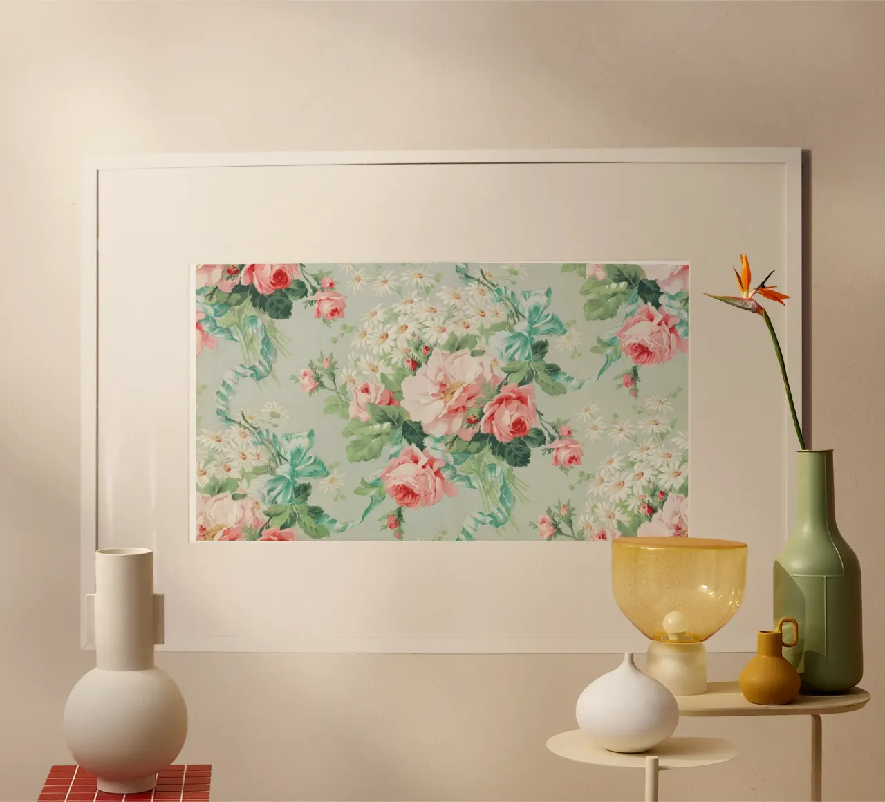 Modello vittoriano di rosa e margherita - Illustrazione floreale d'epoca poster con telaio in alluminio da ClubArt
