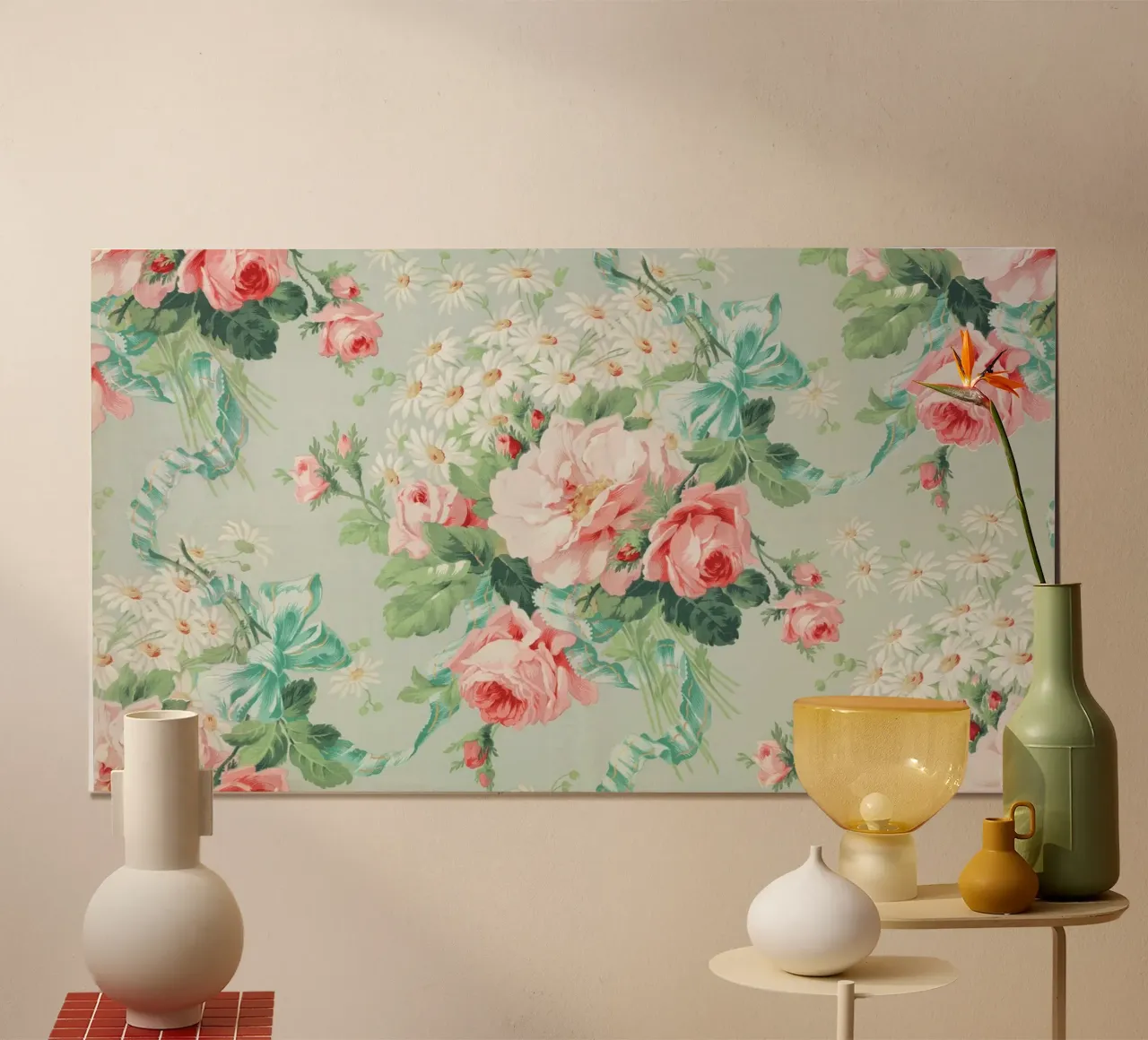 Modello vittoriano di rosa e margherita - Illustrazione floreale d'epoca poster con telaio in alluminio da ClubArt