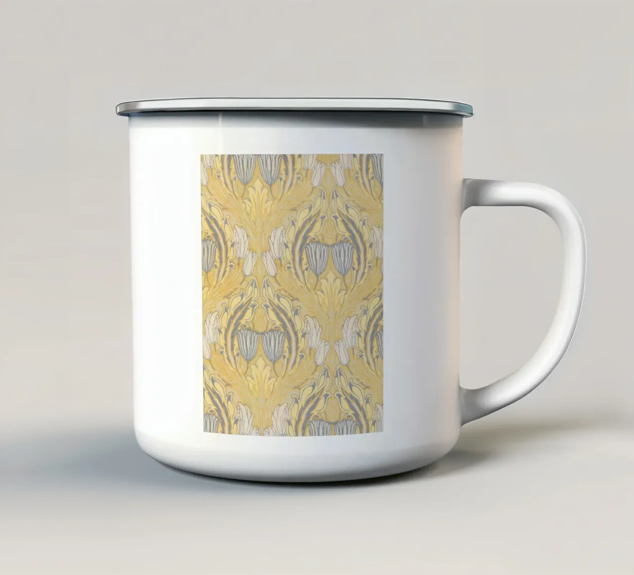 Walter Crane Zijwand: Arts & Crafts Bloemen - Geel & Grijs emaille mok van ClubArt