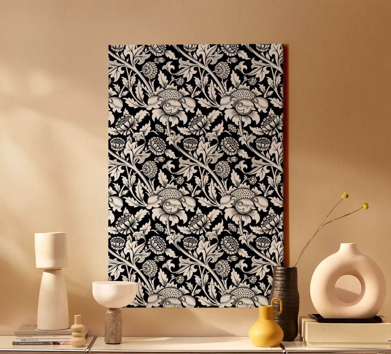 Motivo floreale vintage in bianco e nero - Estetica delle arti e dei mestieri tela con Cornice a cassetta da ClubArt