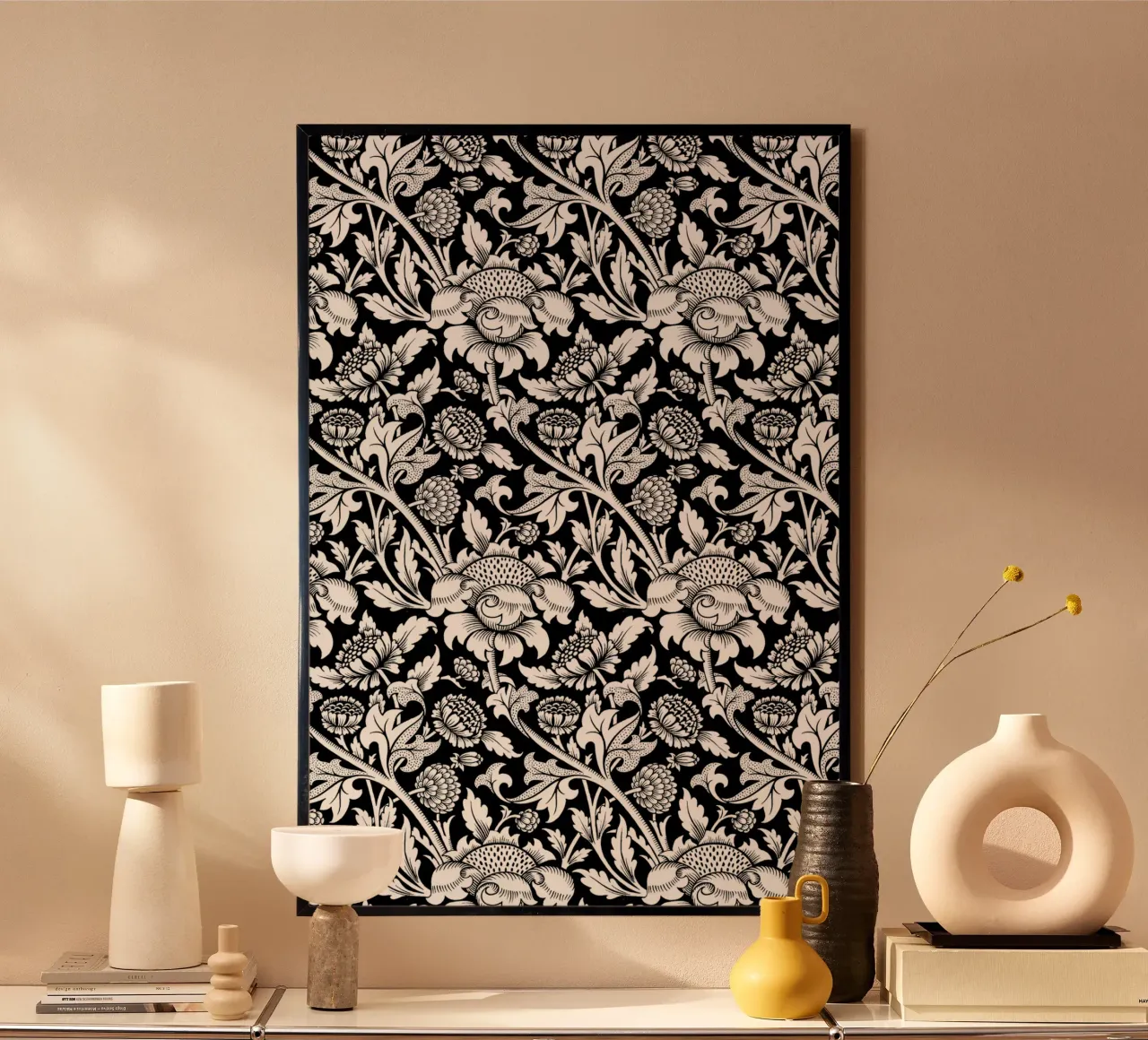 Motivo floreale vintage in bianco e nero - Estetica delle arti e dei mestieri poster con telaio in plastica da ClubArt