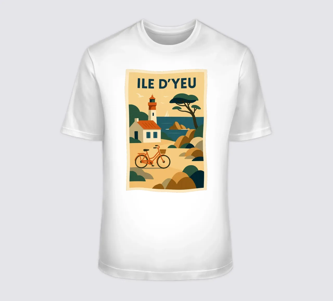 ILE D'YEU - A gentle escape between pine trees, lighthouses and retro bikes t-shirt by JETLAG | affiches voyage