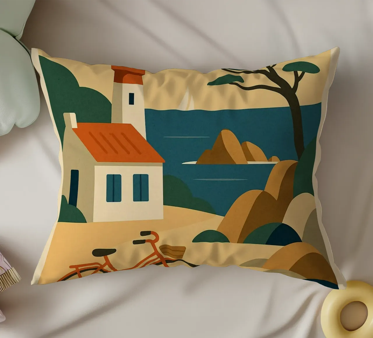 ILE D'YEU - A gentle escape between pine trees, lighthouses and retro bikes decorative cushion by JETLAG | affiches voyage