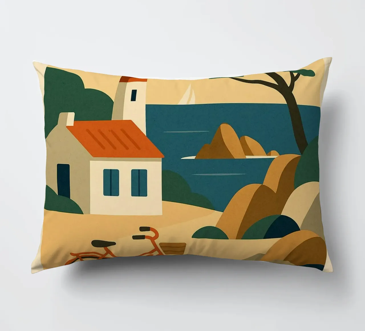 ILE D'YEU - A gentle escape between pine trees, lighthouses and retro bikes decorative cushion by JETLAG | affiches voyage