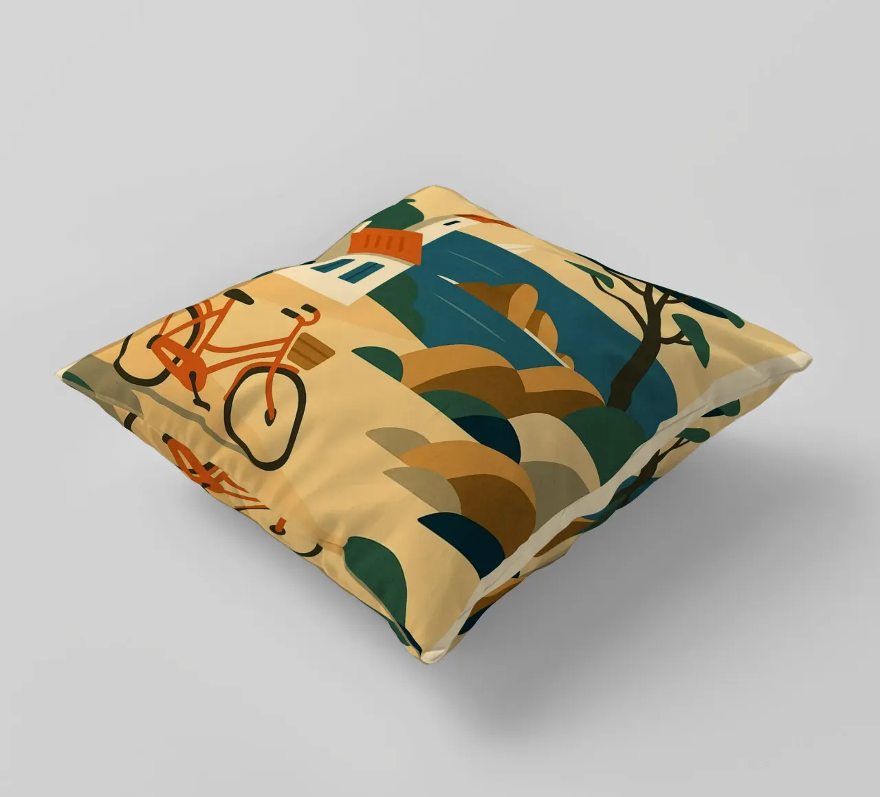 ILE D'YEU - A gentle escape between pine trees, lighthouses and retro bikes decorative cushion by JETLAG | affiches voyage