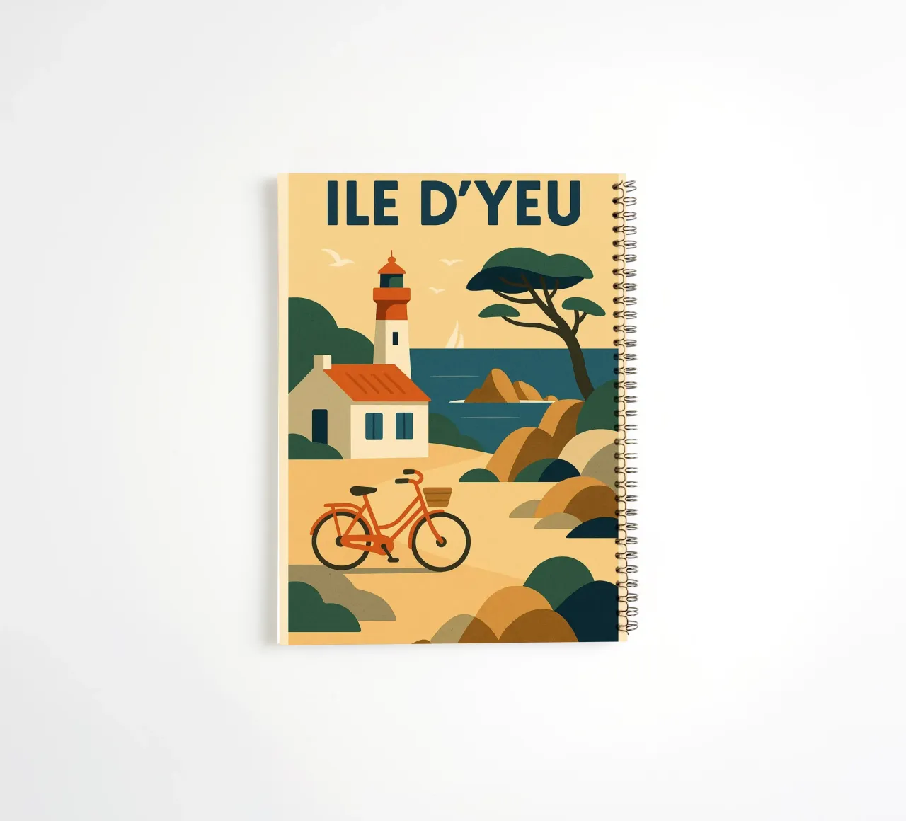 ILE D'YEU - A gentle escape between pine trees, lighthouses and retro bikes spiral notebook by JETLAG | affiches voyage
