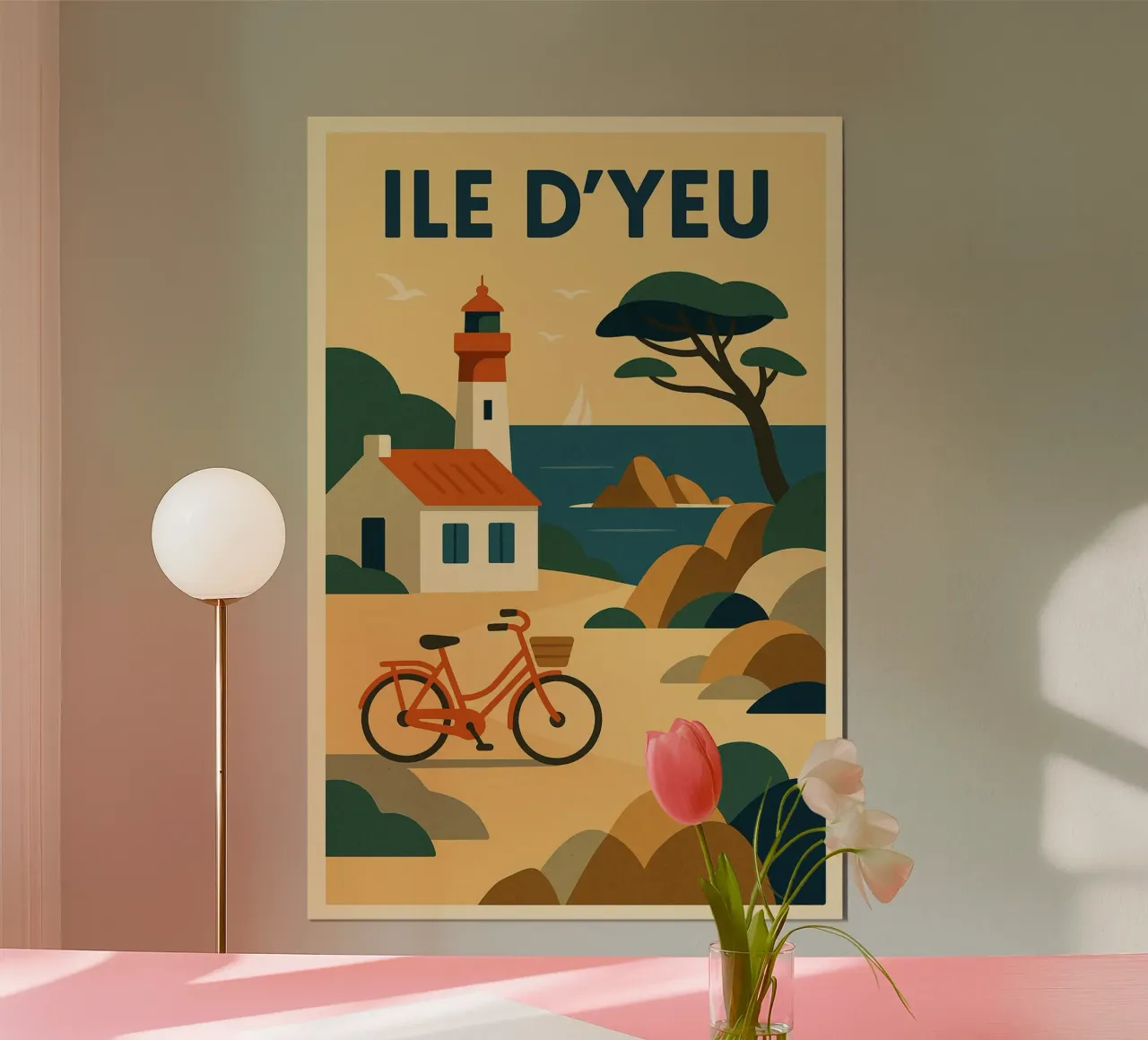 ILE D'YEU - Die sanfte Flucht zwischen Pinien, Leuchtturm und Retro-Fahrrad Poster von JETLAG | affiches voyage