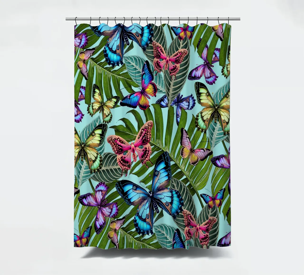 Bright Butterfly Jungle shower curtain by Nina May Design Studio