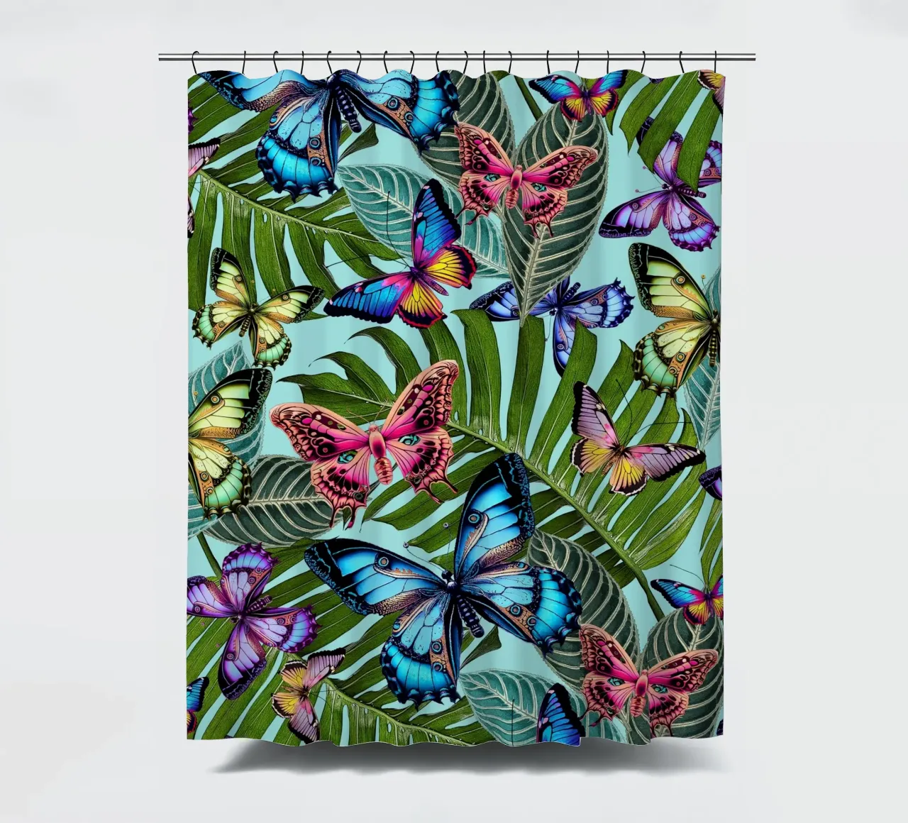 Bright Butterfly Jungle shower curtain by Nina May Design Studio