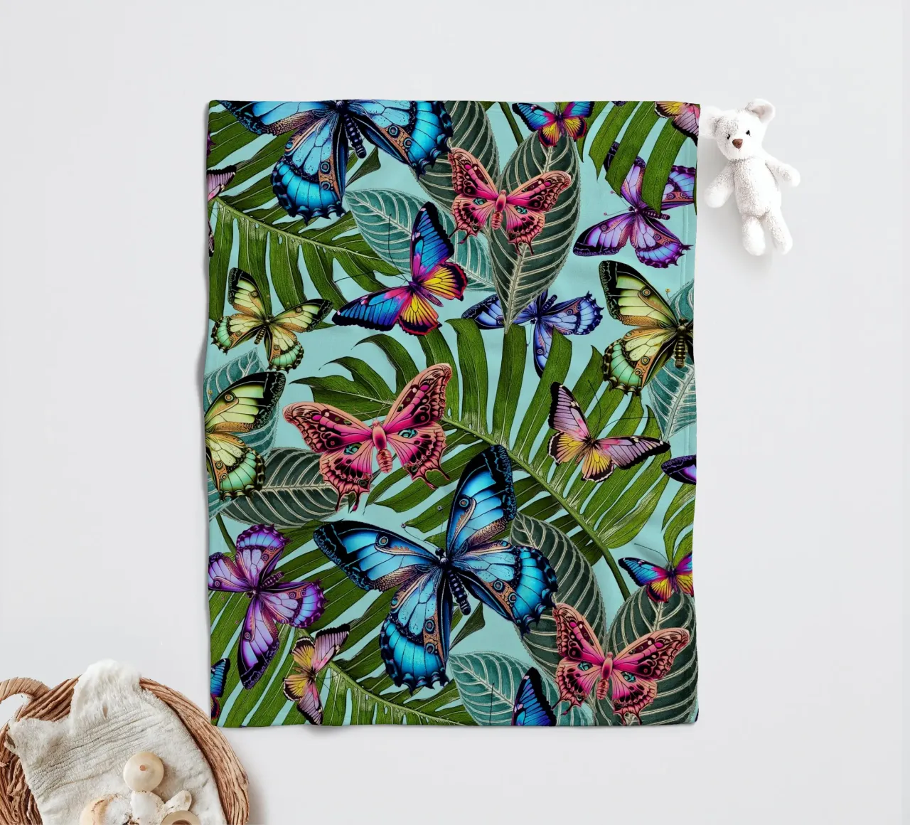 Bright Butterfly Jungle fleece blanket by Nina May Design Studio