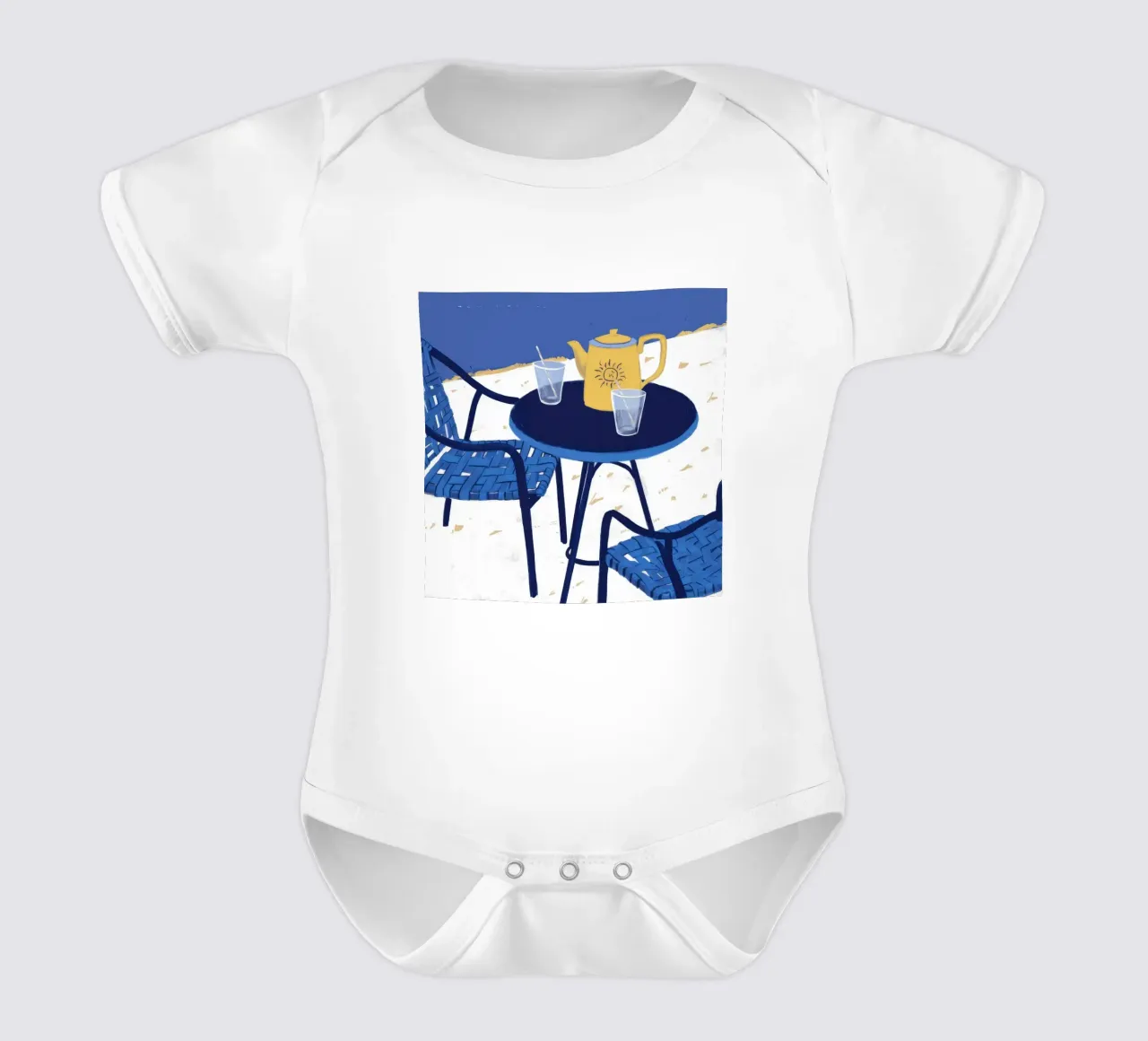 Cobalt Bistro Dreams short-sleeve baby romper by Dawn Light