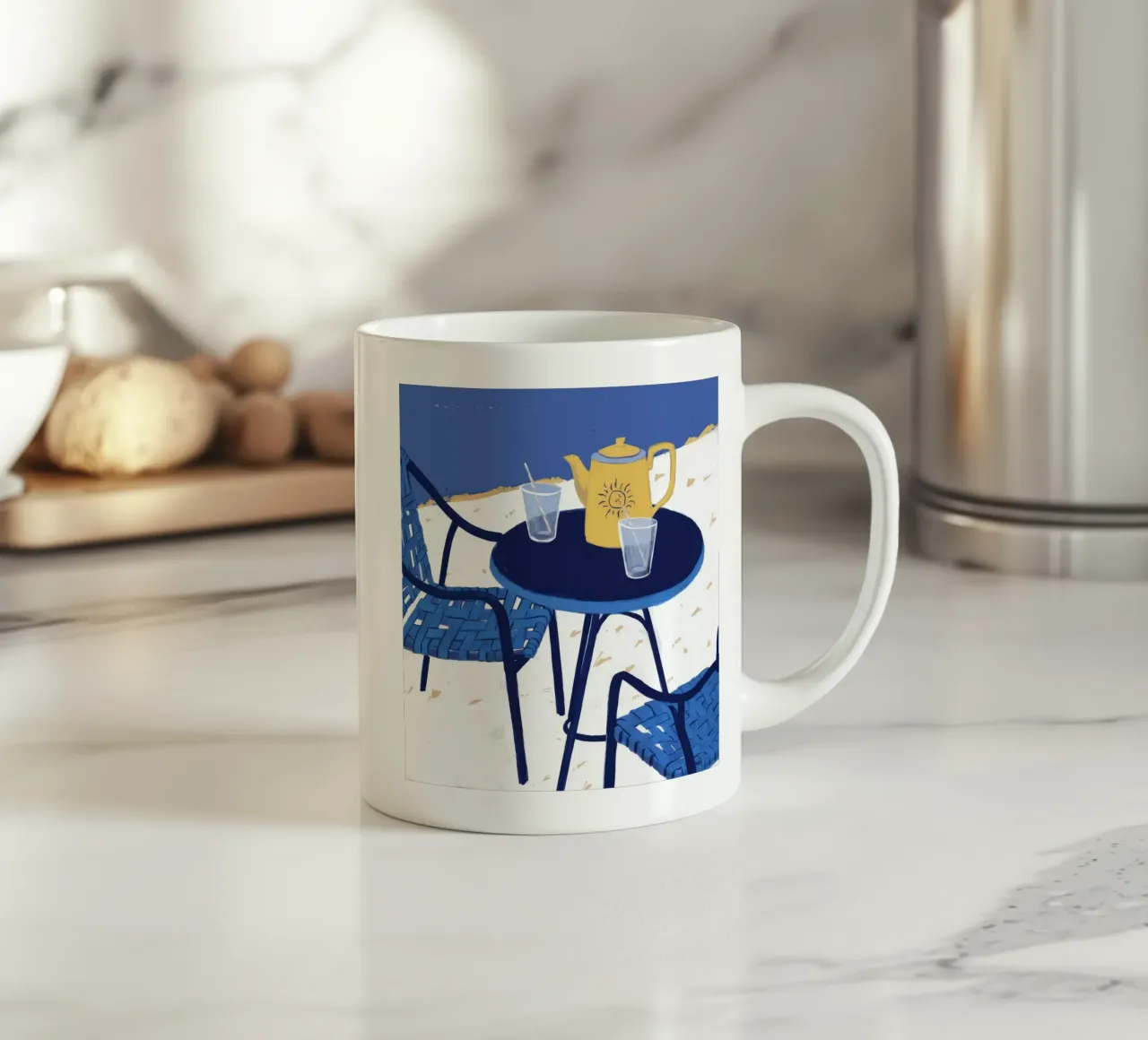 Cobalt Bistro Dreams ceramic mug by Dawn Light