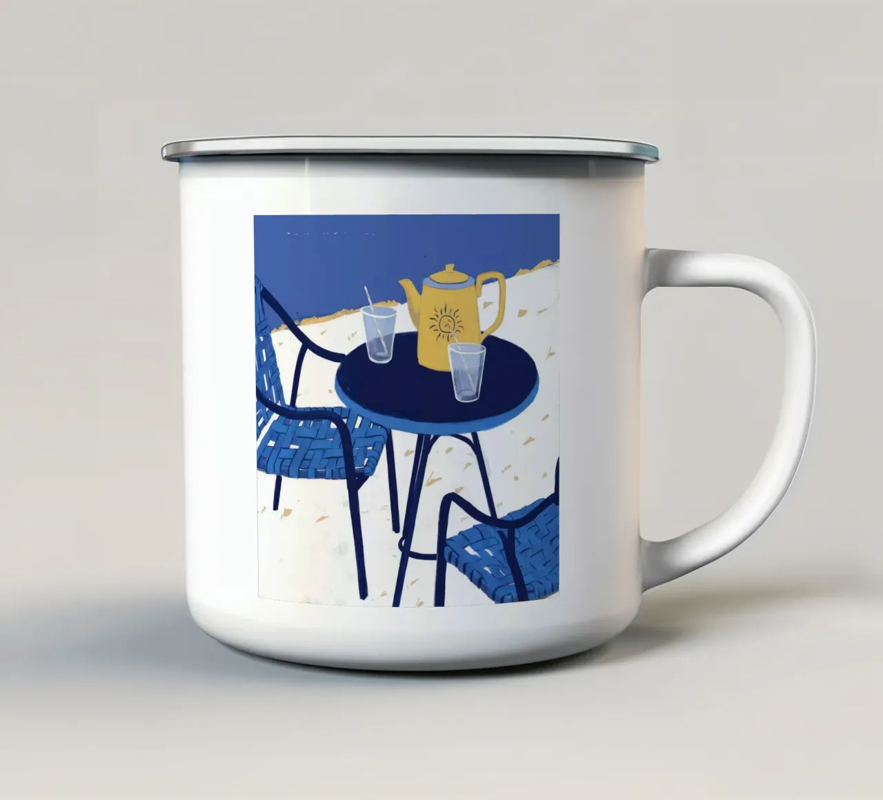 Cobalt Bistro Dreams enamel mug by Dawn Light