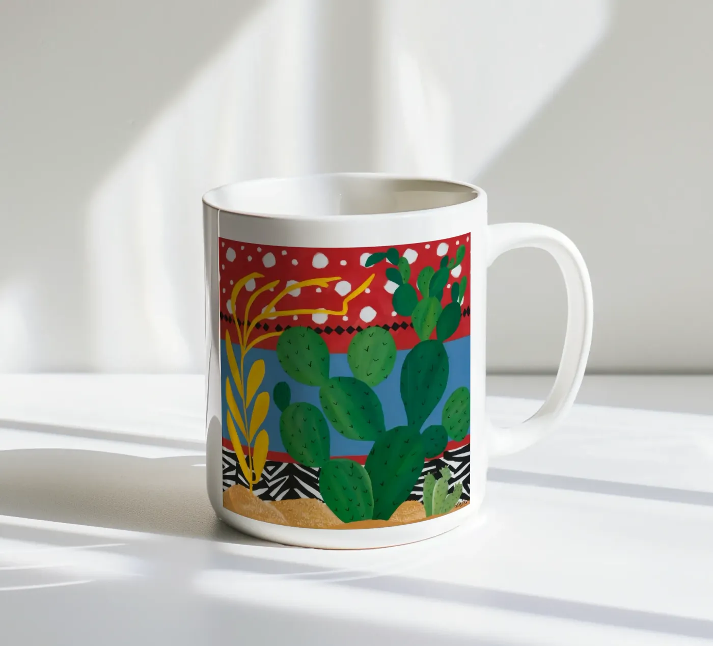 Ruby Cactus Carnival ceramic mug by Dawn Light
