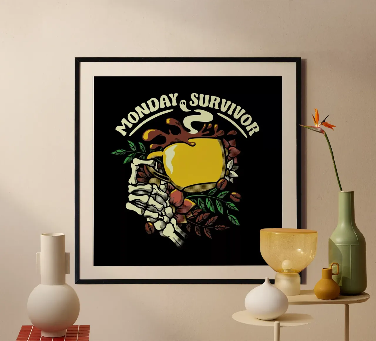 Monday Survivor Skeleton Hand Coffee poster con telaio in alluminio da Tobe Fonseca