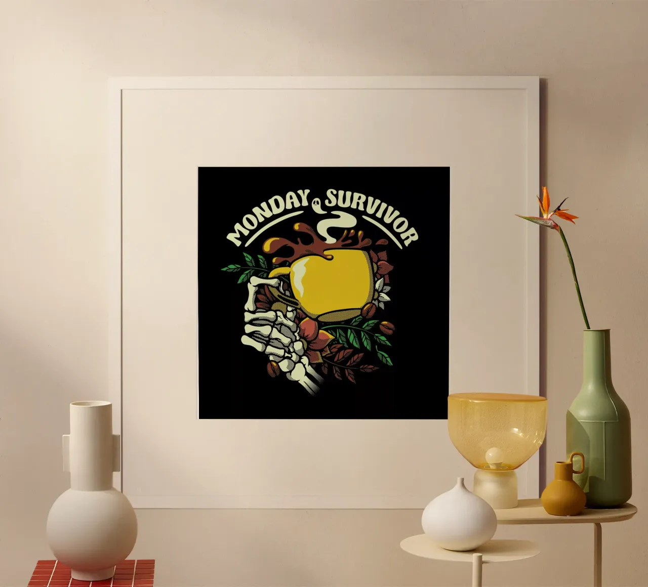 Monday Survivor Skeleton Hand Coffee poster con telaio in alluminio da Tobe Fonseca
