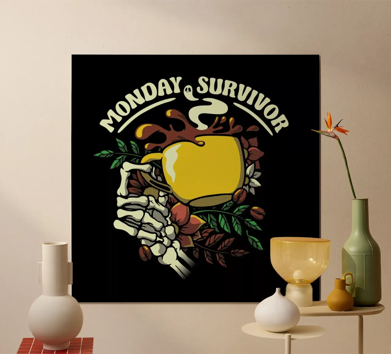 Monday Survivor Skeleton Hand Coffee poster con telaio in alluminio da Tobe Fonseca