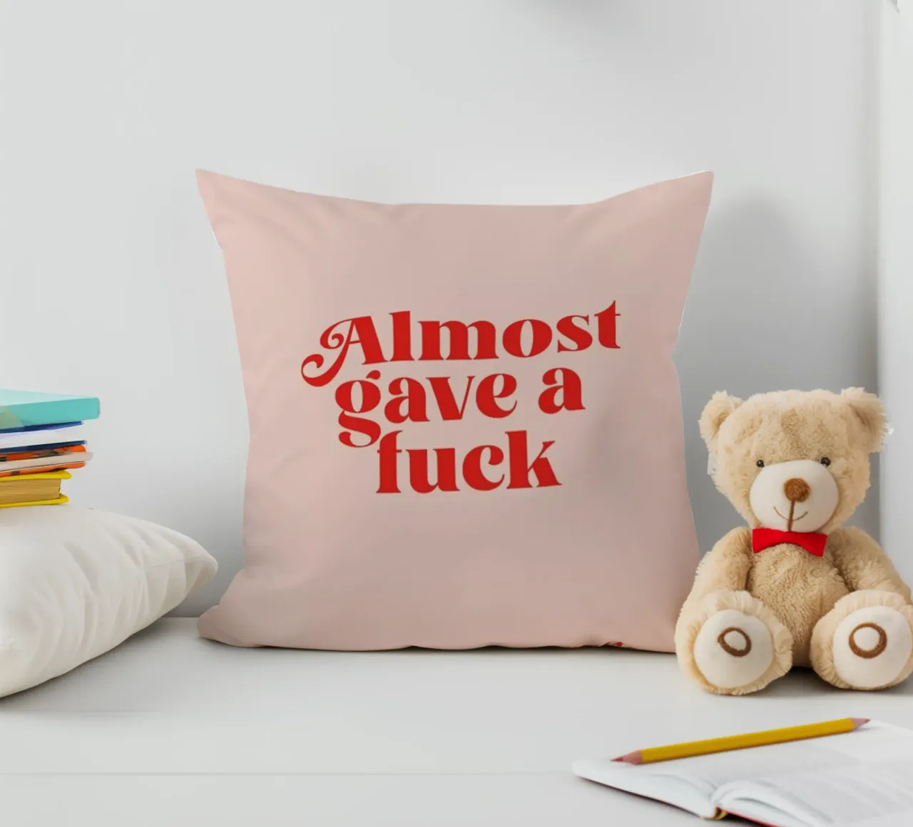 Almost Gave A Fuck Pink decorative cushion by Trabolt Design