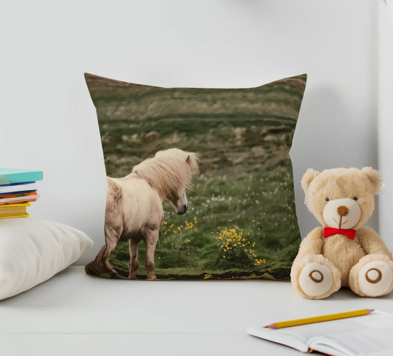 meadow horse in field decorative cushion by Horsire