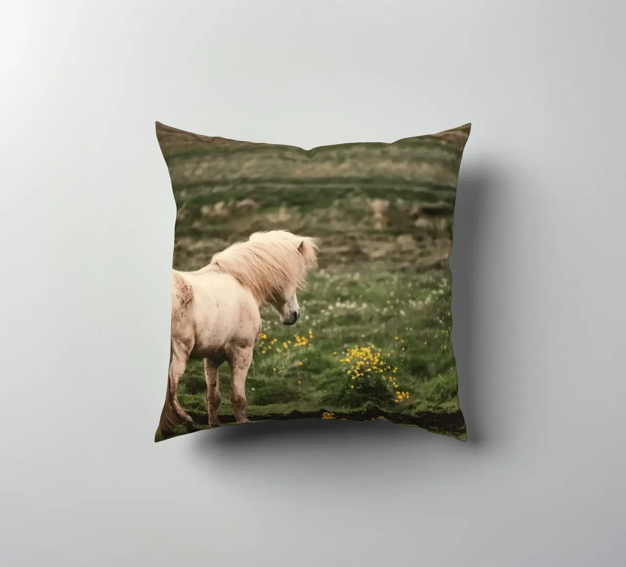 meadow horse in field decorative cushion by Horsire
