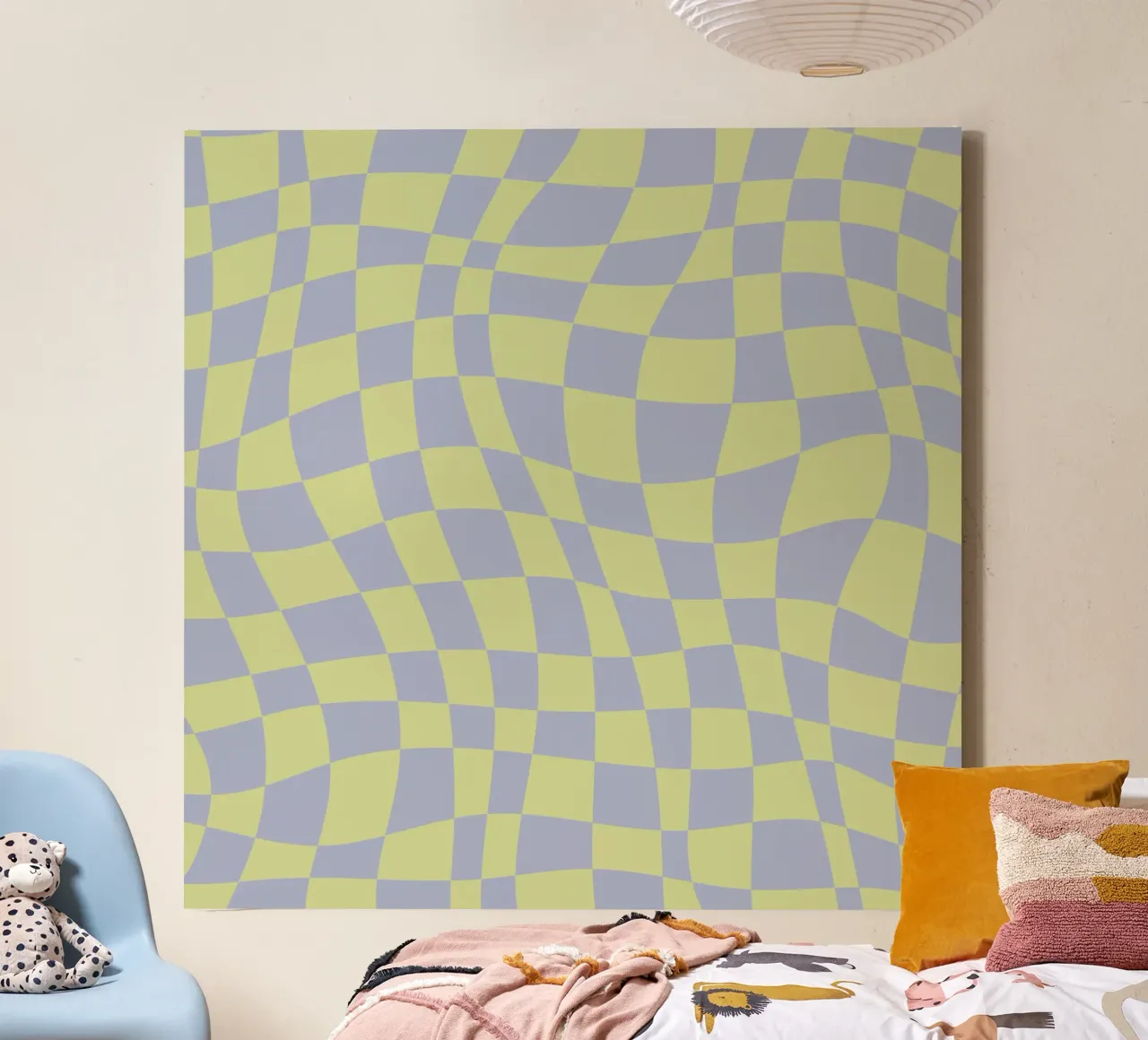 Scacchiera ondulata color chartreuse e beige tela con Cornice a cassetta da Little Dean