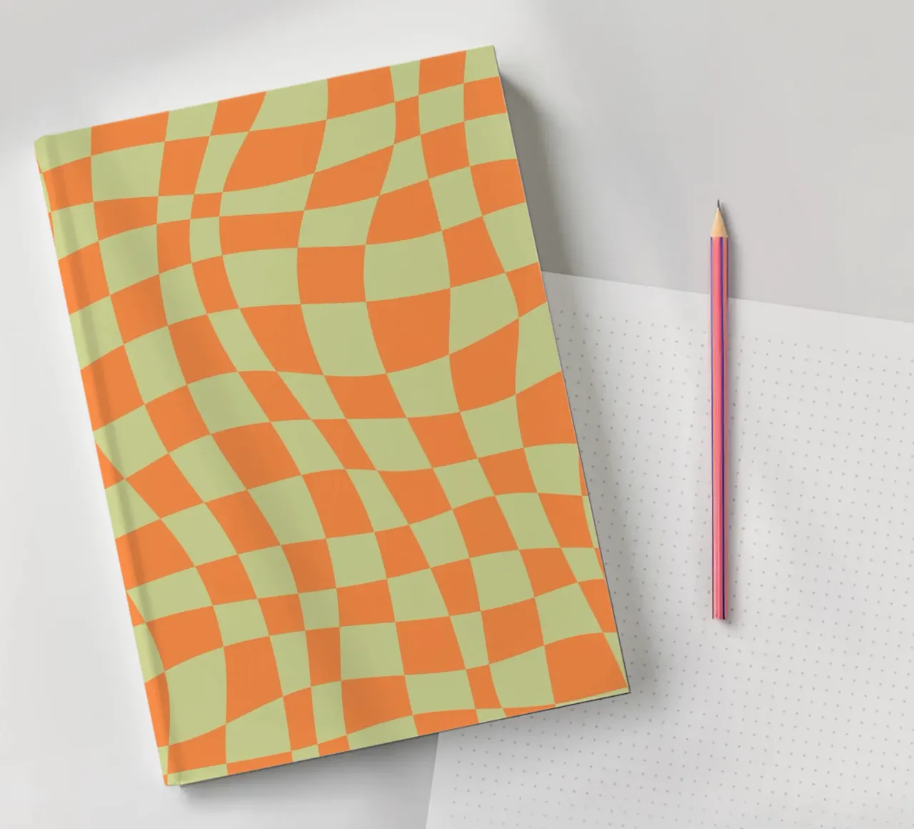 Chartreuse and orange wavy checker notebook by Little Dean