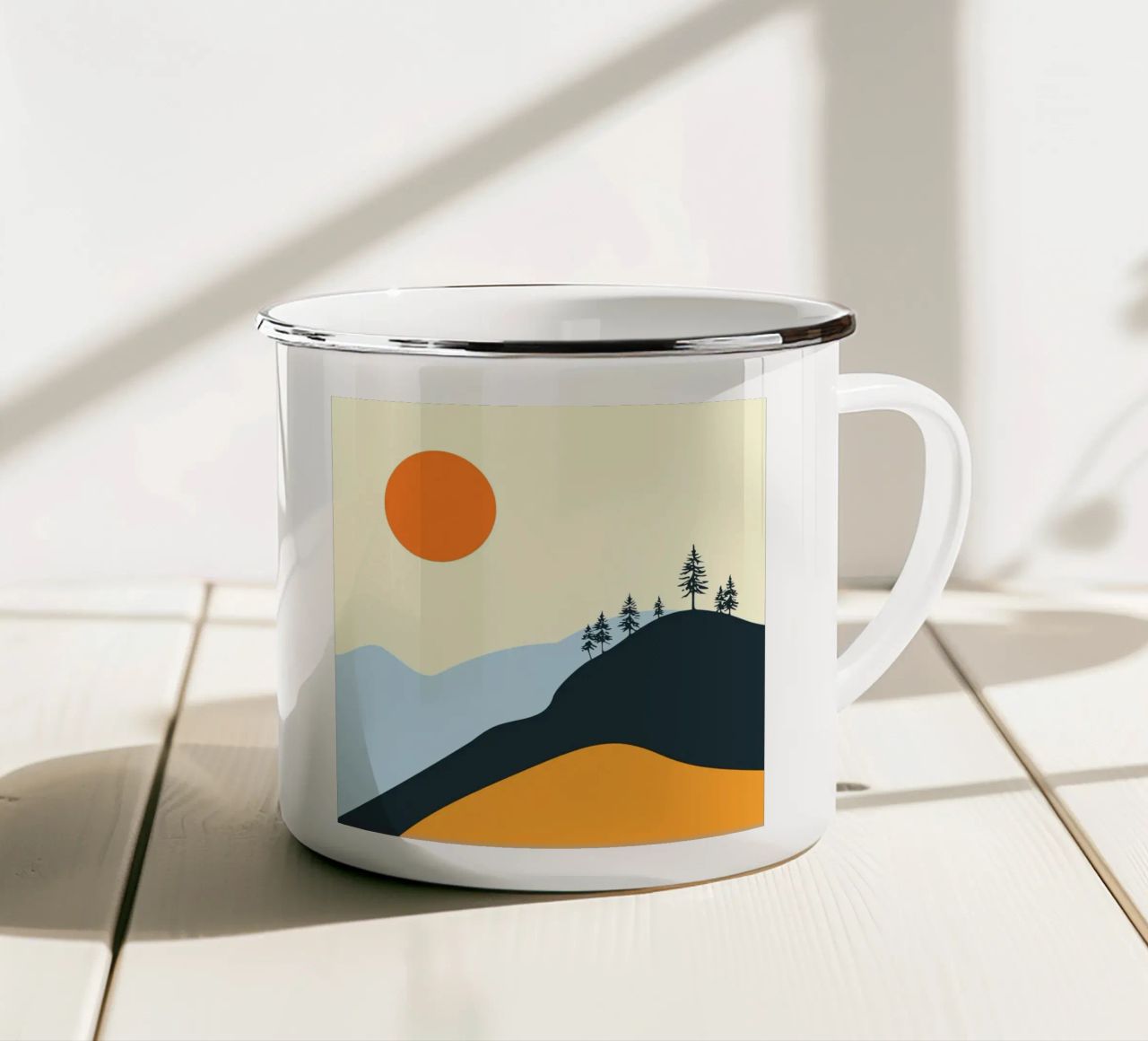 paesaggio silhouette luce solare tazza in smalto da pastel color shape