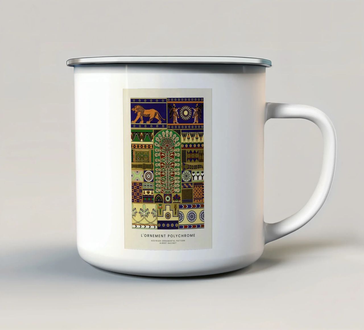 Racinet -  Assyrian Ornamental Pattern tazza in smalto da Vintage by JUNIQE