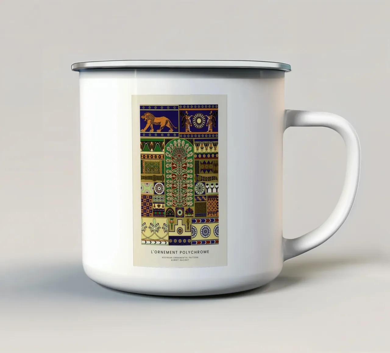 Racinet -  Assyrian Ornamental Pattern tazza in smalto da Vintage by JUNIQE