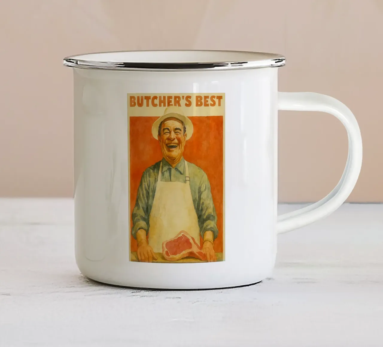 butchers best chef retro drawing enamel mug by pakazi