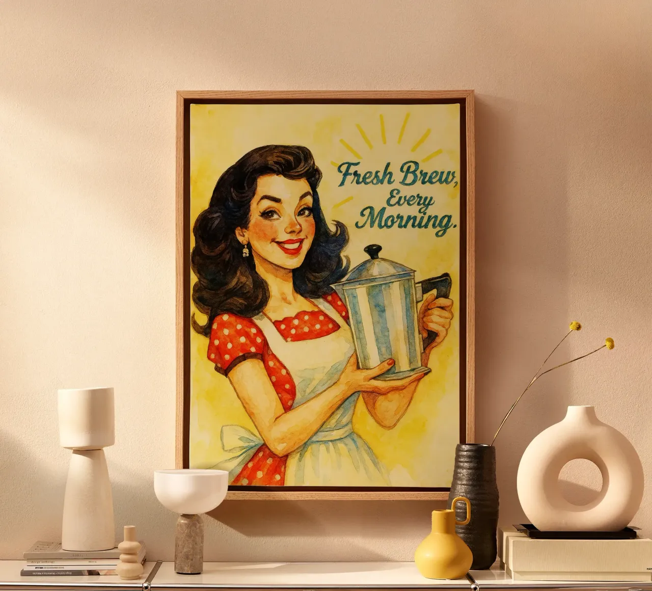 birra fresca ogni mattina donne sorridono pittura classica retrò tela con Cornice a cassetta da pakazi