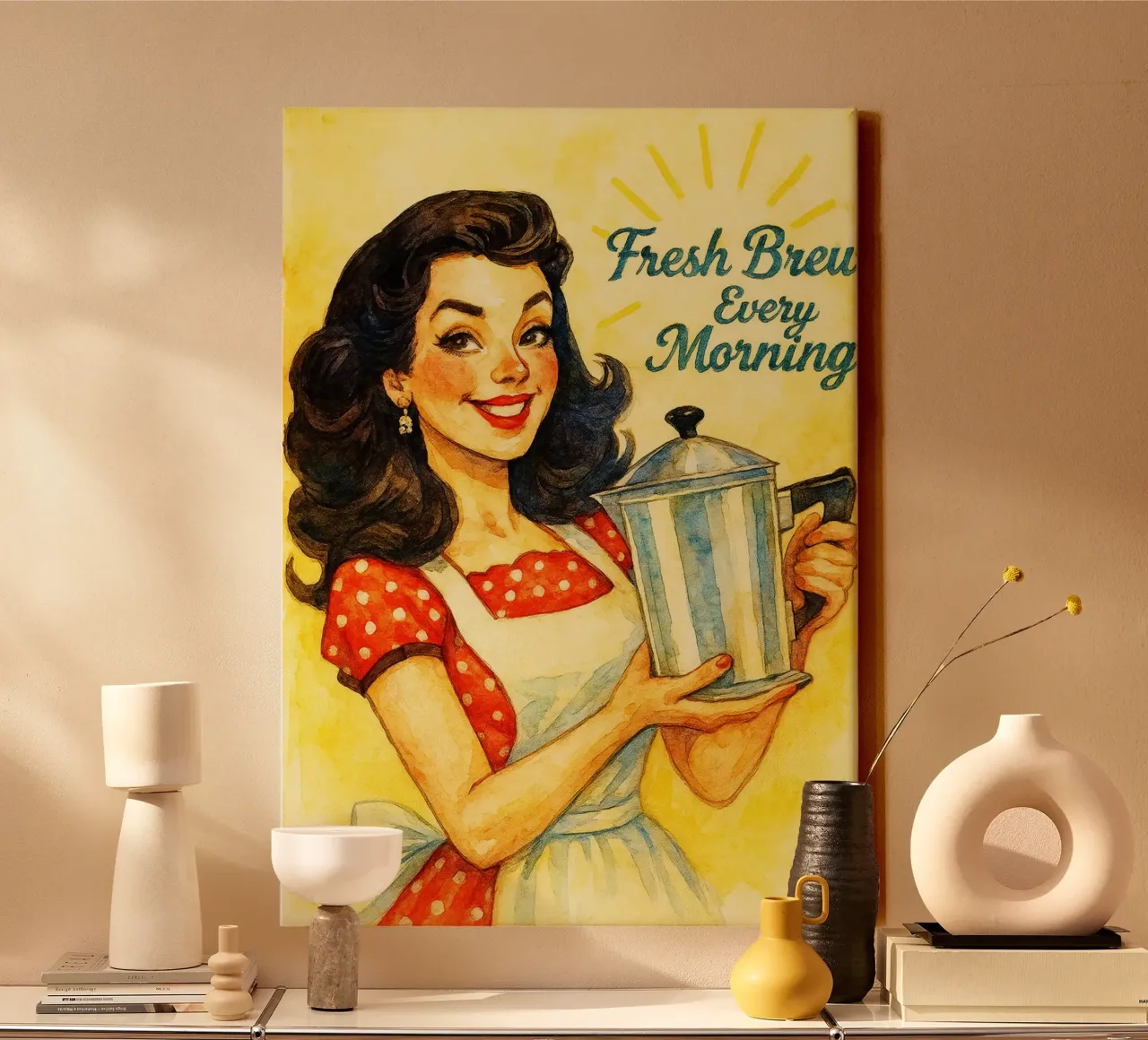birra fresca ogni mattina donne sorridono pittura classica retrò tela con Cornice a cassetta da pakazi