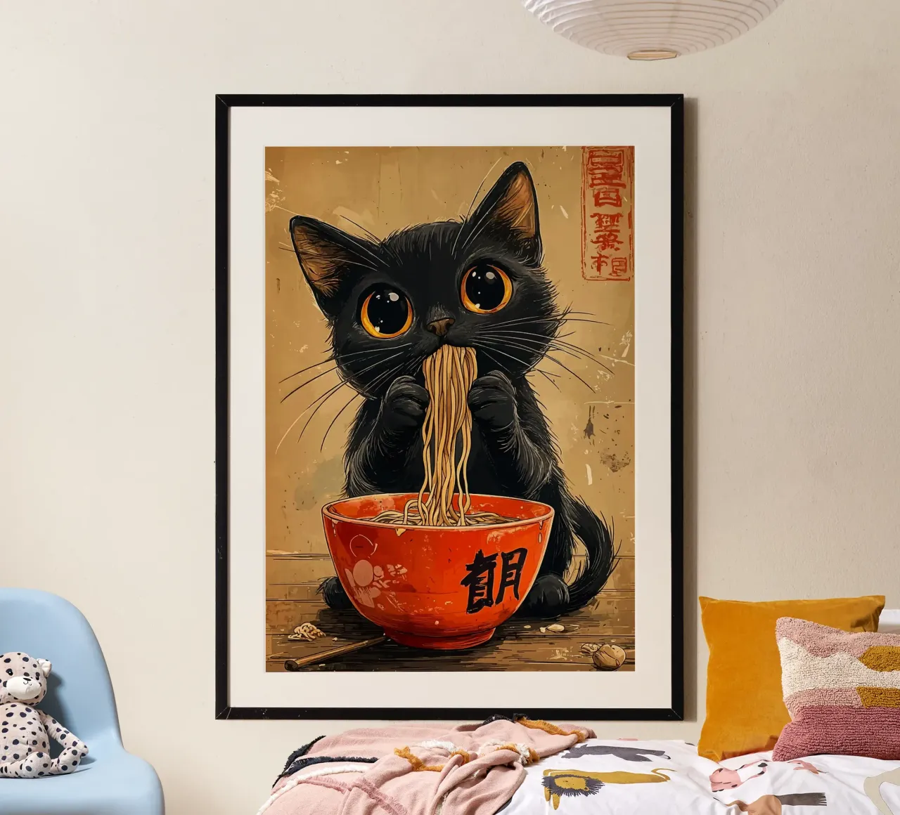 ciotola per tagliatelle di gatto nero poster con telaio in alluminio da Bernadette Miller