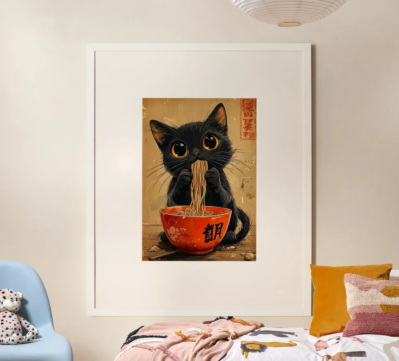 ciotola per tagliatelle di gatto nero poster con telaio in alluminio da Bernadette Miller