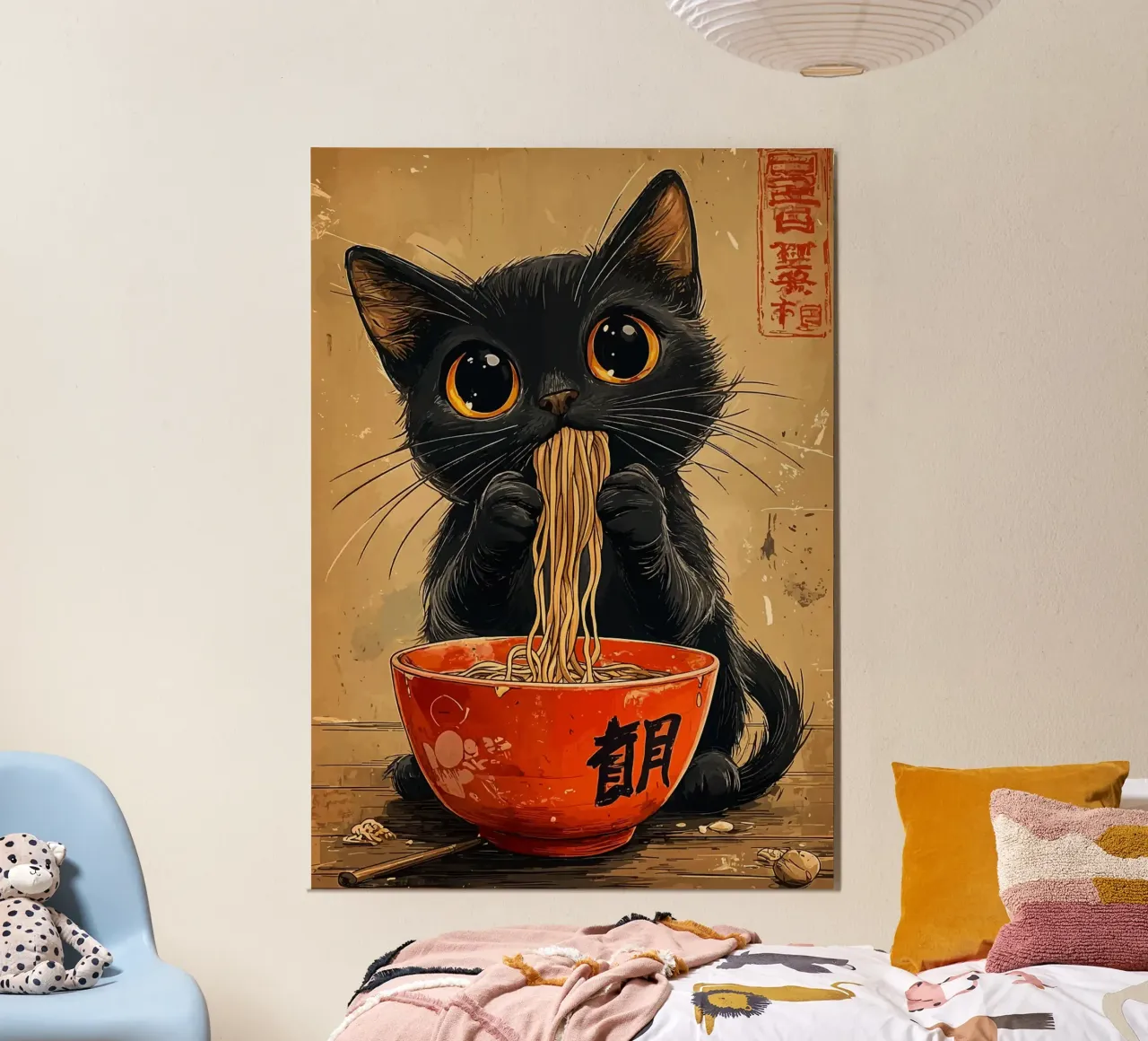 ciotola per tagliatelle di gatto nero poster con telaio in alluminio da Bernadette Miller