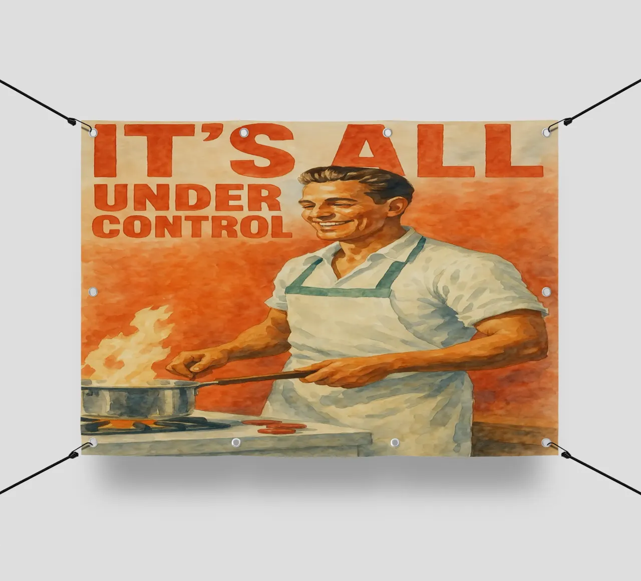 hombre cocinando todo bajo control divertido lonas publicitarias de pakazi