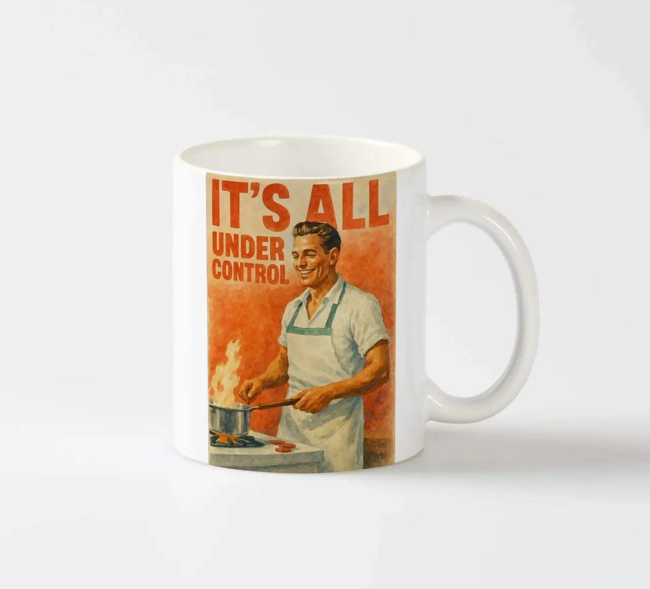 man cooking its all under control funny ceramic mug by pakazi