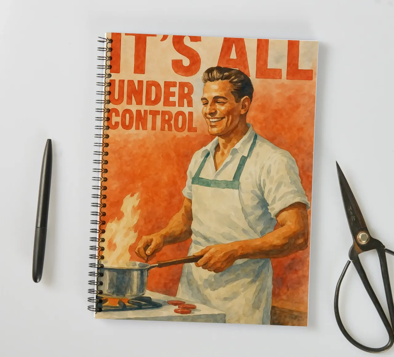man cooking its all under control funny spiral notebook by pakazi