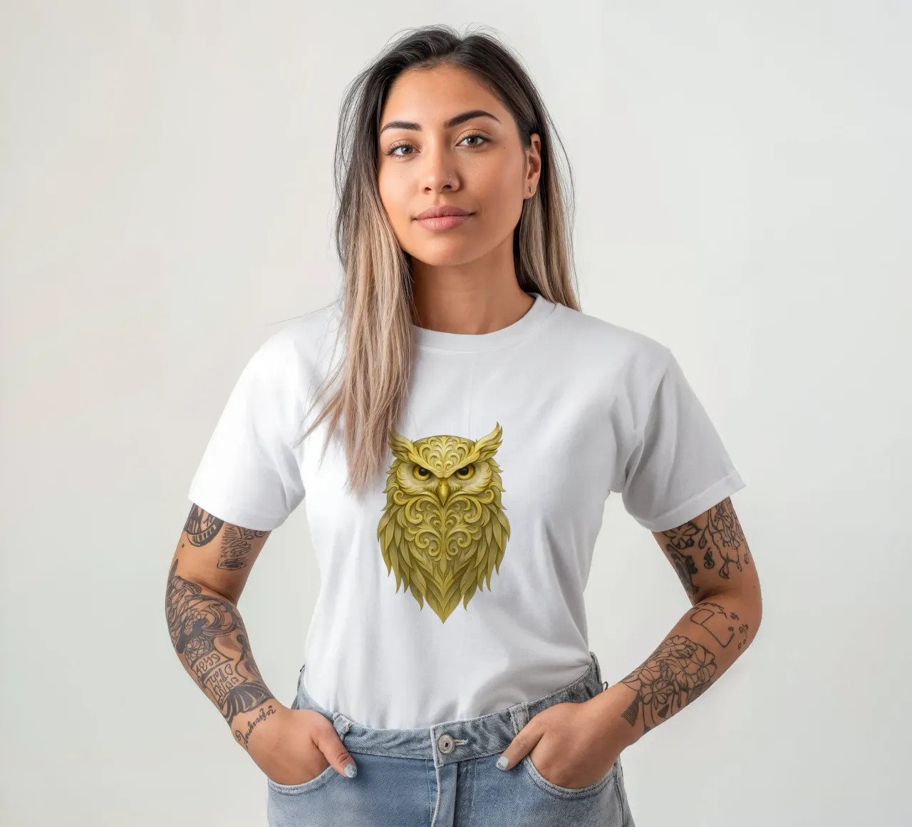 Gufo reale d'oro con motivi di piume ornate t-shirt da LM2KONE