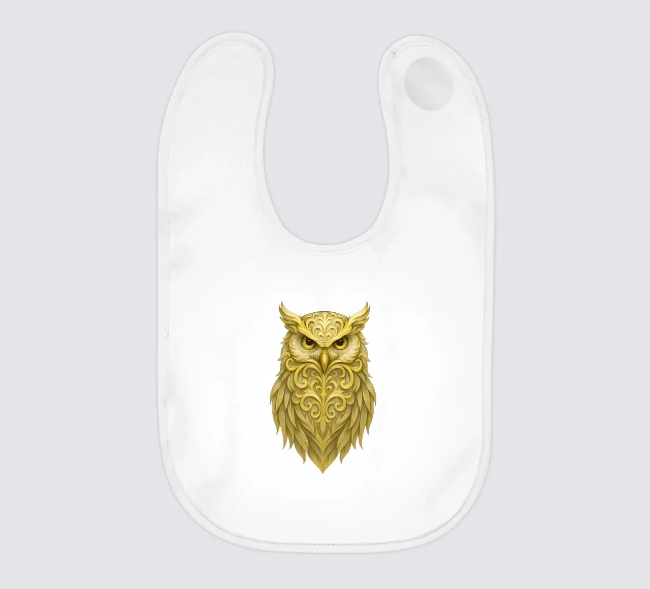 Golden royal owl with ornate feather motifs baby bib by LM2KONE