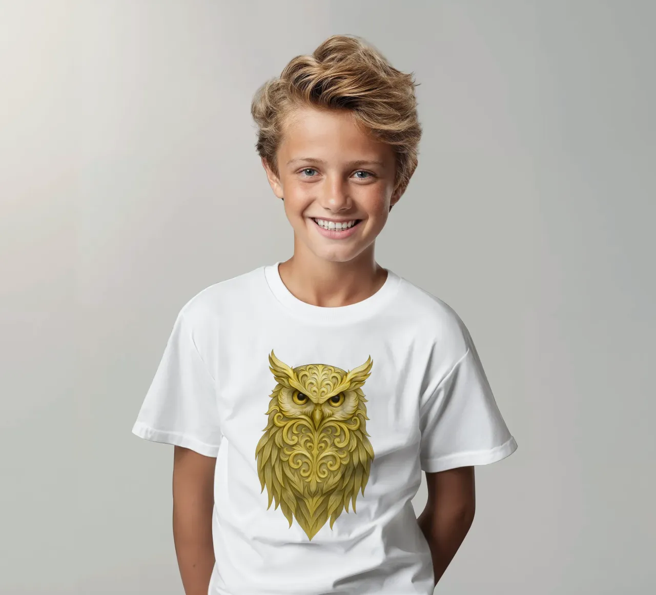 Goldene Königseule mit verzierten Federmotiven Kinder T-Shirt von LM2KONE