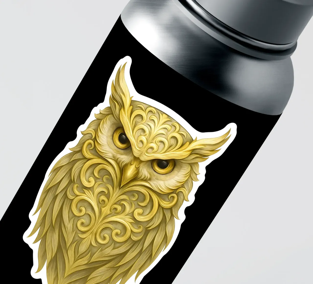 Golden royal owl with ornate feather motifs sticker by LM2KONE